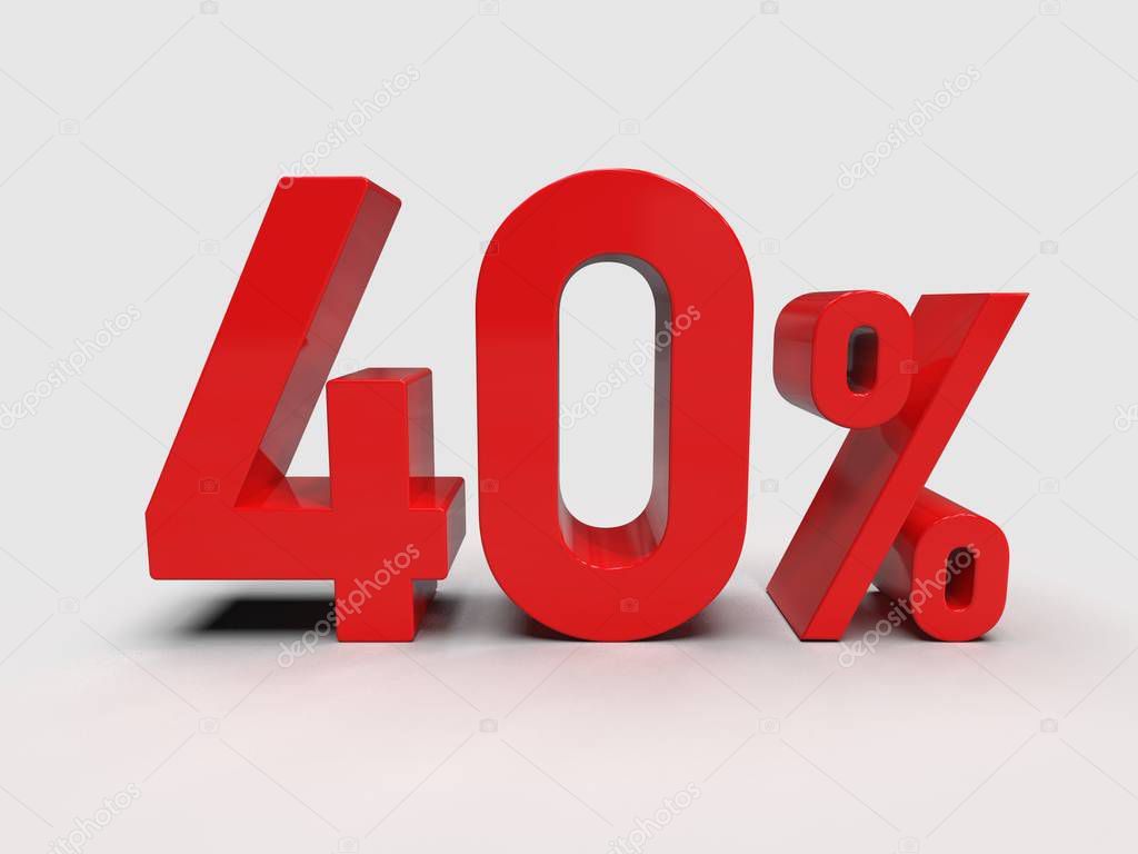 3d Render: Red 40% Percent Discount 3d Sign on Light Background, Special Offer 40% Discount Tag, Sale Up to 40 Percent Off, Forty Percent Letters Sale Symbol, Special Offer Label, Sticker, Tag