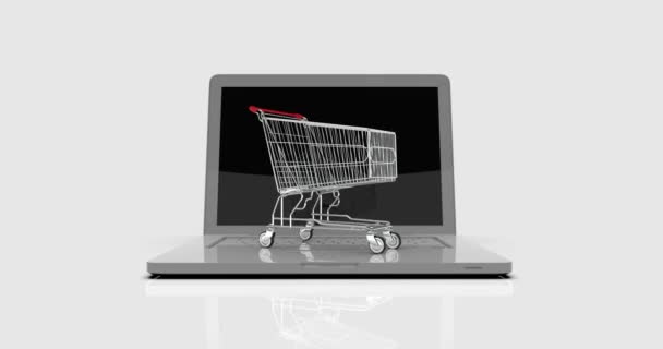 Camera Zoom Animation Shopping Cart Laptop Commerce Trolley Front Laptop — Vídeo de Stock