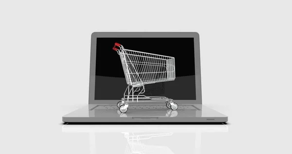 Kosár Laptop Kereskedelem Bevásárlókocsi Laptop Előtt Online Vásárlás Online Üzlet — Stock Fotó