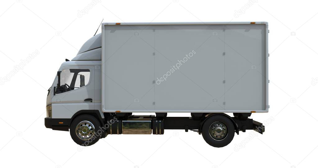 White commercial delivery truck on a white background isolated, template element infographic, postal truck, express, fast delivery, white delivery truck icon, transporting service