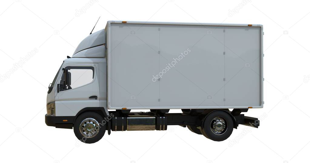 White commercial delivery truck on a white background isolated, template element infographic, postal truck, express, fast delivery, white delivery truck icon, transporting service