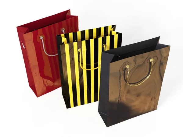 Set Colorful Empty Shopping Bags Reflectionisolated White Group Ofpaper Packages — Stock Photo, Image