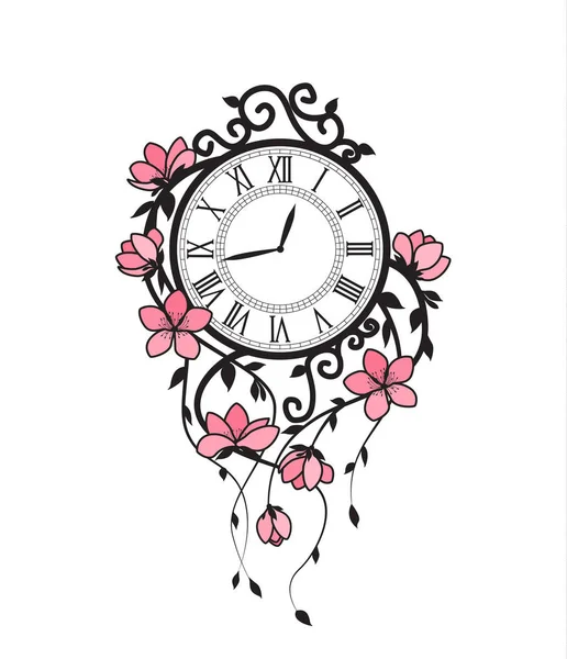 Sakura flowers and clock — Stock Vector