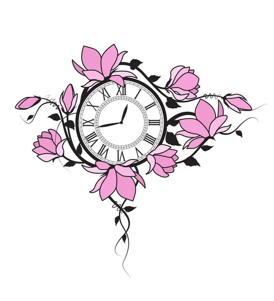 Magnolia flowers and clock — Stock Vector