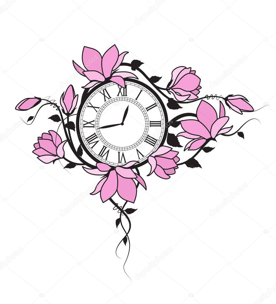 Magnolia flowers and clock