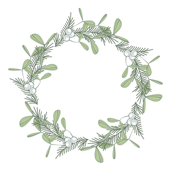 Corona de Navidad con ramas y muérdago — Vector de stock