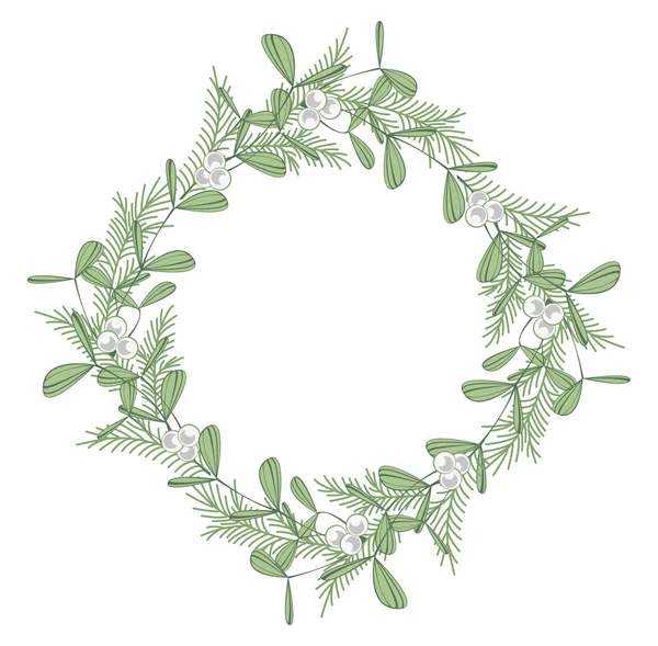Corona de Navidad con ramas y muérdago — Vector de stock