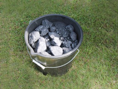 Bir çim alanında kömür plastik kova.