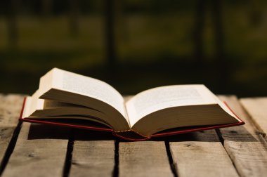 Kalın kitap ahşap yüzeye, ayarlama, güzel bir gece ışık sihirli kavramı ateş açık yalan