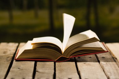 Kalın kitap ahşap yüzeye, ayarlama, güzel bir gece ışık sihirli kavramı ateş rüzgarda sayfaları açık yalan