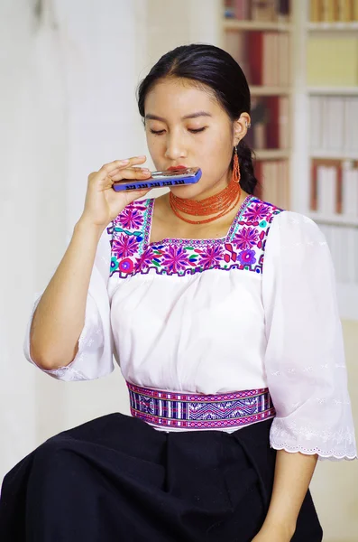 Portret van jonge mooie vrouw mooie traditionele Andes kleding, zitten met tijdens het spelen van de mondharmonica, boekenkasten achtergrond dragen — Stockfoto