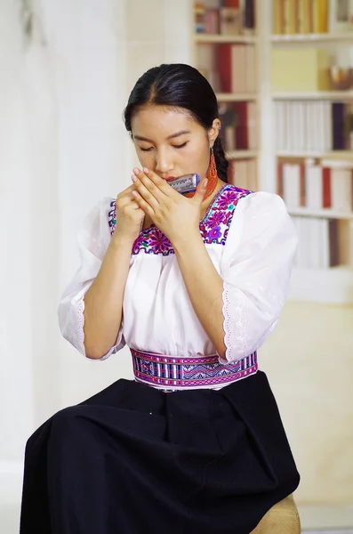 Портрет молодой красивой женщины в красивой традиционной андской одежде, сидящей за игрой на губной гармошке, на книжных полках — стоковое фото