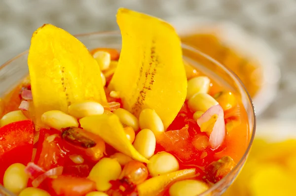 Traditional ecuadorian cold tomato based dish with chochos, onions and banana chips, elegant restaurant presentation — Stock Photo, Image