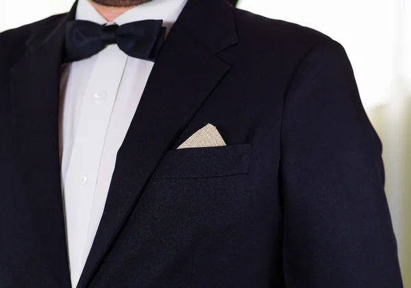 Closeup mans chest area wearing formal suit and bowtie, men getting dressed concept — Stock Photo, Image