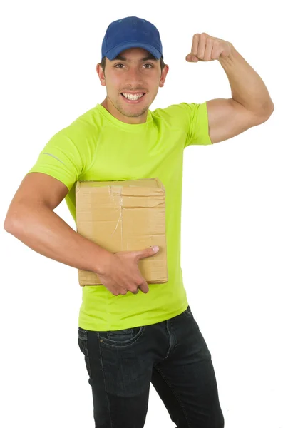 Handsome friendly latin courier man carrying boxes — Stock Photo, Image
