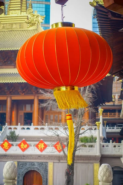SHANGHAI, CHINA: Traditional chinese red lantern hanging inside Jingan temple neighborhood