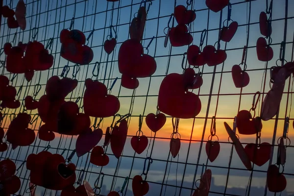 Beautiful view of heart locks in Penang Hill during sunset, Malaysia