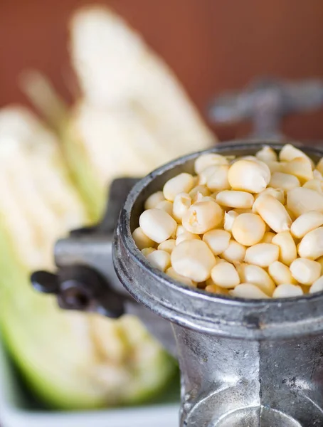 A close up from a metalic mill with some corn kernels — Stock Photo, Image