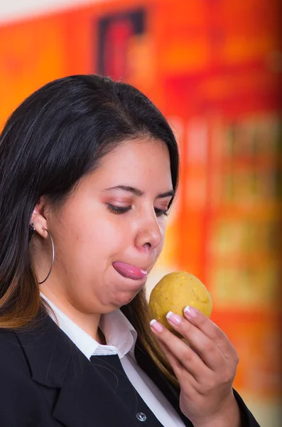 Gorgeous pretty woman is going to eat a delicious bolon, traditional andean food concept — Stock Photo, Image