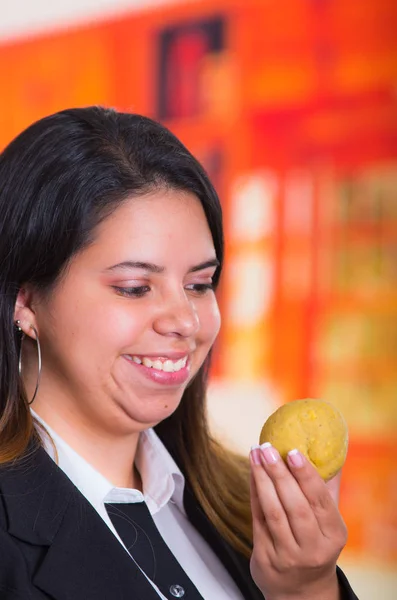 Gorgeous pretty woman have a bolon in his hand, traditional andean food concept — Stock Photo, Image