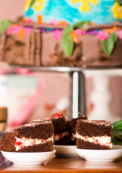 Вкусные кусочки шоколадного торта со сливками, сидя на небольших тарелках, концепция выпечки — стоковое фото