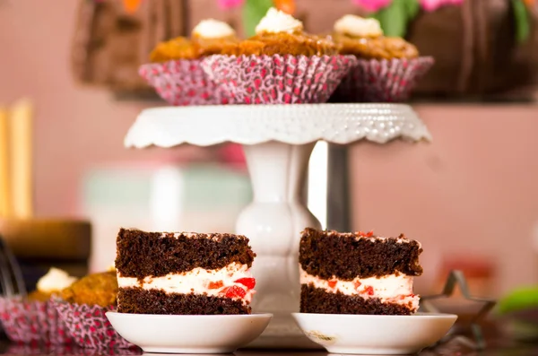 美味的巧克力蛋糕片与奶油馅坐在小盘子，糕点概念 — 图库照片