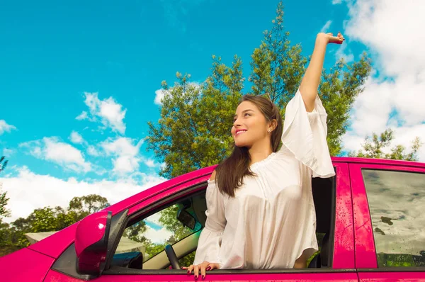 Sexy girl wearing a white blouse is having fun while she is coming out through the window of her pink car in a beautiful sunny day