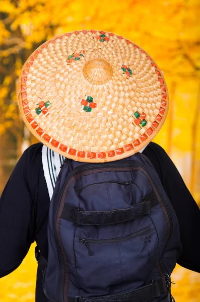 Portrait of a handsome hispanic young guy wearing an asian conical hat in forest background, back view — Stock Photo, Image