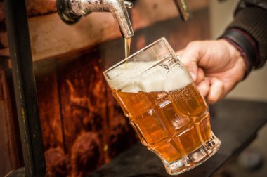 Barmen sarışın bir zanaat bira bira cam içine ile dolduruyor