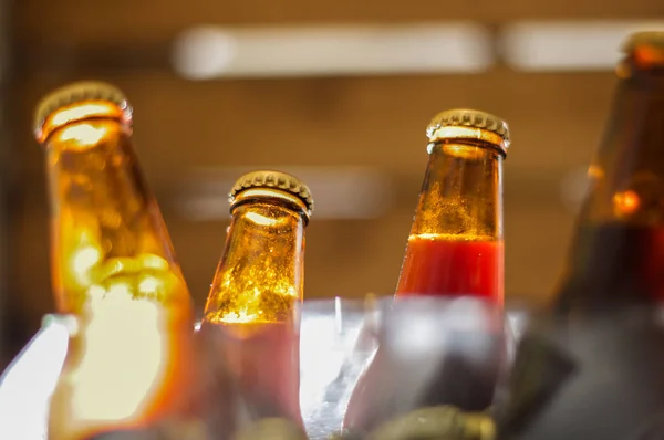 Close up van flessen van ambachtelijke bier op onscherpe achtergrond — Stockfoto