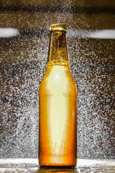 Primo piano di una singola bottiglia di birra artigianale con bolle d'acqua nell'aria su sfondo sfocato — Foto Stock