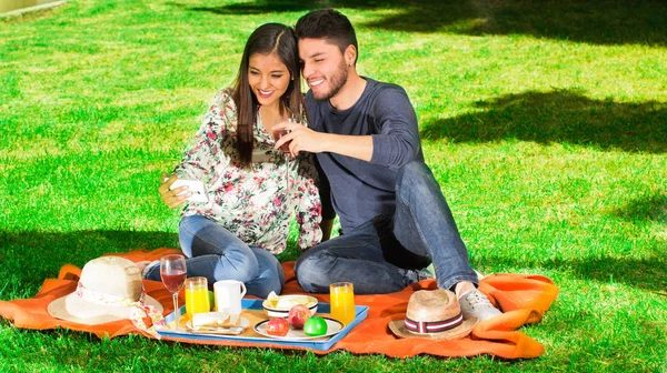 Mladý šťastný pár těší piknik v parku, zatímco on drží sklenku vína a ona bere selfie — Stock fotografie