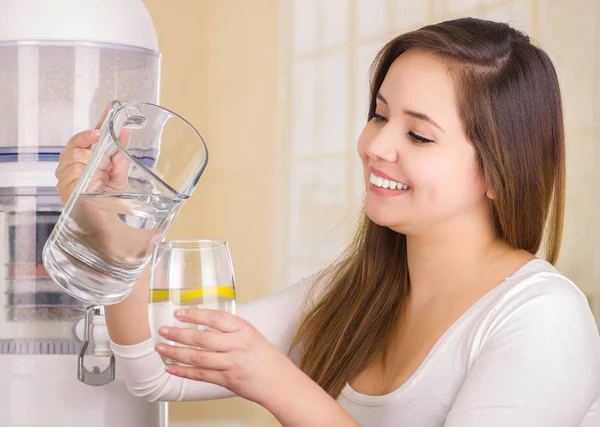 一方、キッチンの背景に浄水器のフィルター システムと彼女の 1 つの手と水のピッチャーの水のガラスを保持する美しい女性 — ストック写真