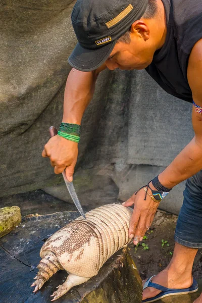 Santa Ana, Ecuador - 07. Mai 2017: Nahaufnahme eines nicht identifizierten Schamanen mit Hut, der ein Gürteltier beim Mittagessen mit einem Messer reinigt — Stockfoto