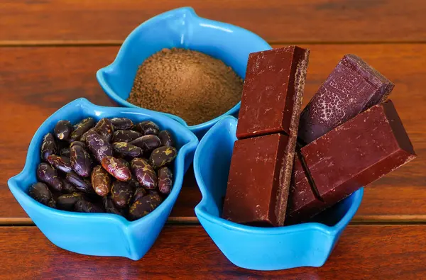 Close up of a dark dry cocoa bean, pieces of chocolate and powdered cocoa inside of a blue plastic bowl in a wooden background — Stock Photo, Image