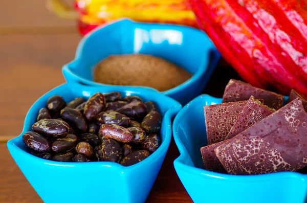 Gros plan d'une fève de cacao sèche foncée, de morceaux de chocolat et de cacao en poudre dans un bol en plastique bleu — Photo