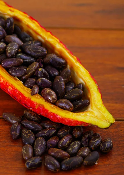 Verse cacaobonen in een cacao peulen op houten achtergrond — Stockfoto