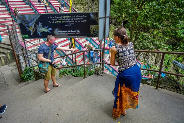 クアラルンプール、マレーシア - 2017 年 3 月 9 日: 不明な観光客がバツー洞窟の猿を撮影、大小の石灰岩の丘の洞窟し、洞窟寺院と非常に人気のあるヒンドゥー教インド外神社. — ストック写真