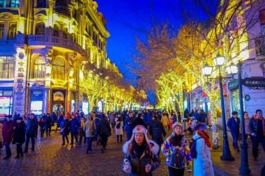 Harbin, Çin - 9 Şubat 2017: Yayalara şehir merkezinde güzel Noel ışıkları ile dekore edilmiş doğal görünümünü.