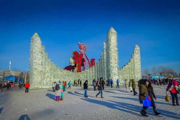 Harbin, China - February 9, 2017: Harbin International Ice and Snow Sculpture Festival is an annual winter festival that takes place in Harbin. It is the world largest ice and snow festival. — Stock Photo, Image