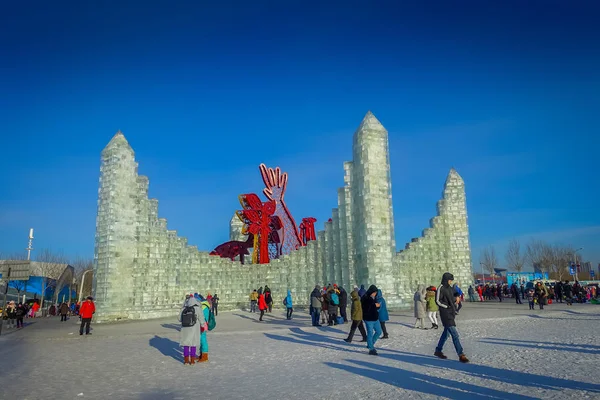 Harbin, China - February 9, 2017: Harbin International Ice and Snow Sculpture Festival is an annual winter festival that takes place in Harbin. It is the world largest ice and snow festival. — Stock Photo, Image