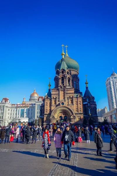 Harbin, China - 9 de fevereiro de 2017: Catedral de Santa Sofia, é uma antiga igreja ortodoxa russa localizada no distrito central de Daoli . — Fotografia de Stock