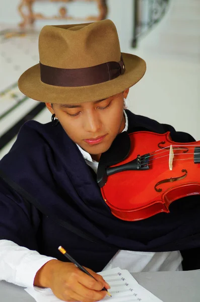 Joven indígena escribiendo notas a la música con violín, concepto de composición —  Fotos de Stock