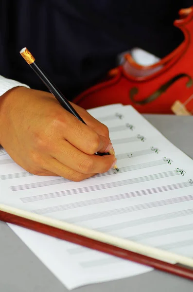 Jovem indígena escrevendo notas à música com violino, conceito de composição — Fotografia de Stock