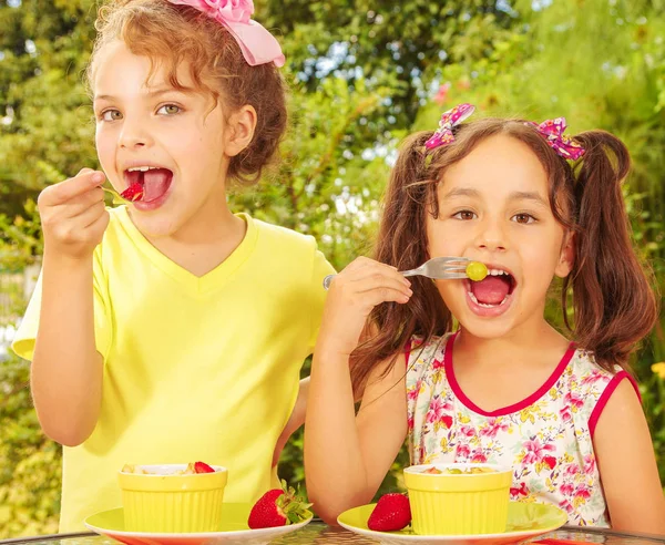Two beautiful young girls, eating a healthy strawberry and grapes using a fork, in a garden background — Stock Photo, Image