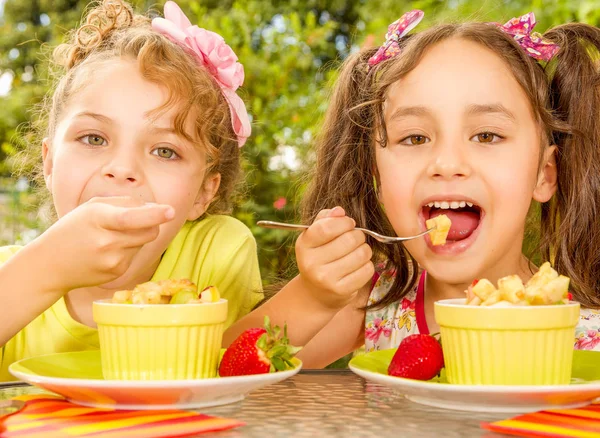 Sağlıklı bir pineaple ve bir bahçe arka planda bir çatal kullanarak üzüm yemek iki güzel genç kızlar — Stok fotoğraf