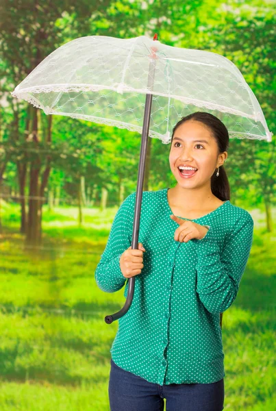 Młoda kobieta piękne zielone swetrze z parasolem autum piękny park, za pomocą jej telefon komórkowy — Zdjęcie stockowe