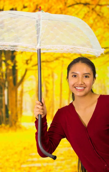 Młoda kobieta szczęśliwa z parasolem, w czerwonym swetrze autum piękny park — Zdjęcie stockowe