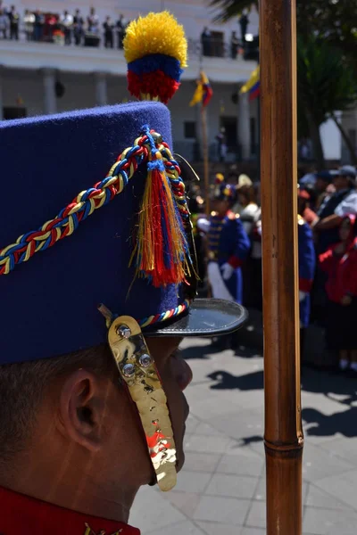 QUITO, ECUADOR - 28 DE ENERO DE 2016: Acercamiento de una guardia no identificada durante el cambio de turno del Palacio Presidencial en el corazón de Quito — Foto de Stock