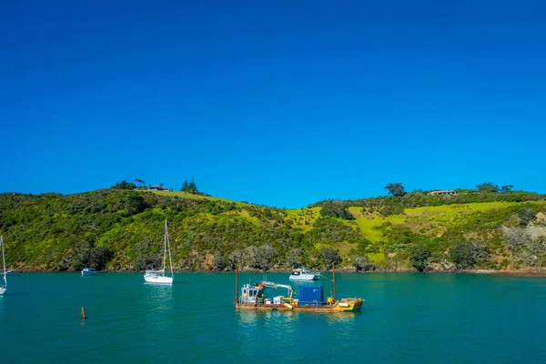 Yates de vela en Waiheke Island, Nueva Zelanda. con un hermoso cielo azul y agua magenta en un día soleado — Foto de Stock